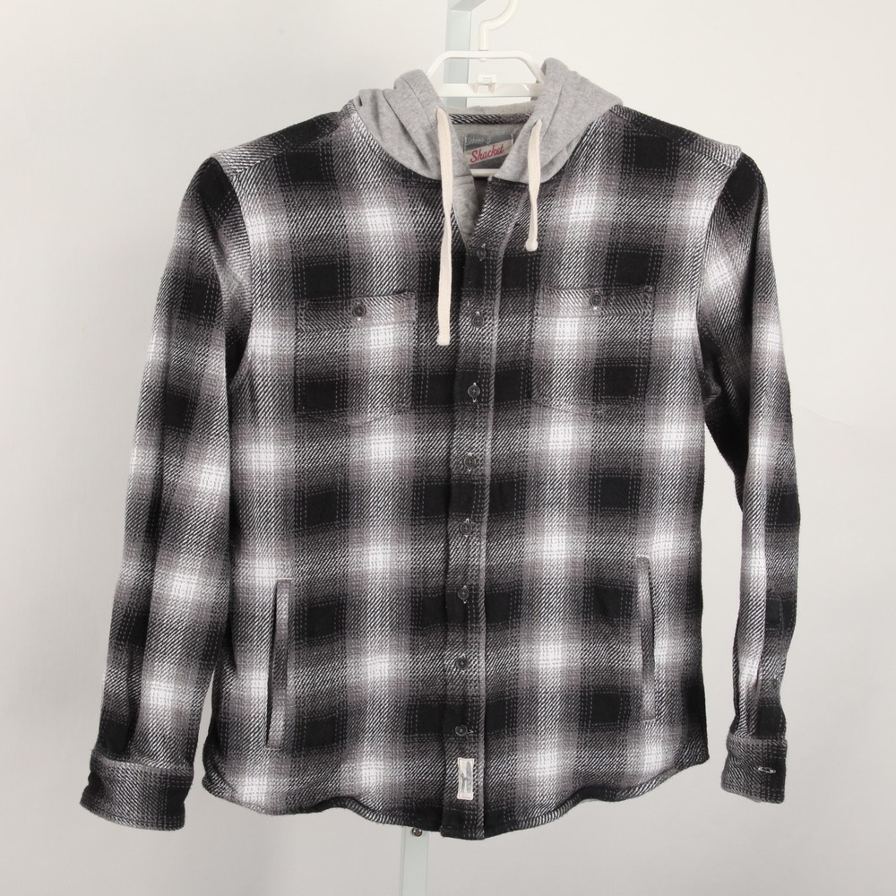 Johnnie O Shacket Jacket Mens Medium Black Gray Plaid Hooded Cotton Flannel - Picture 2 of 11